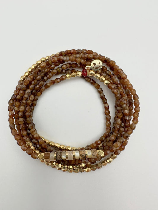 le 2 en 1 collier ou bracelet en facette de bohème, marbré caramel, et or 24 K