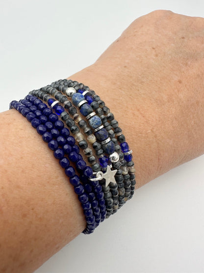 mixe de 2Bracelet ou collier sur élastique en facettes de bohème et lapis lazuli