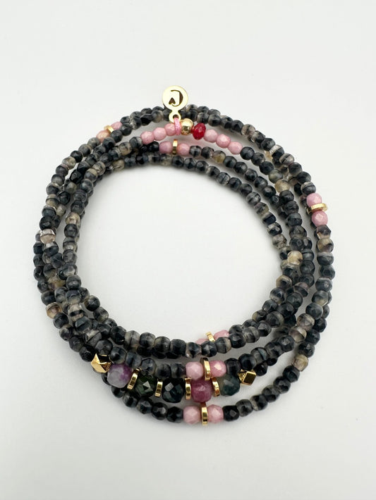 Mon CaJouX 5 rangs 2 en 1 Collier ou Bracelet Femme, gris et Tourmaline